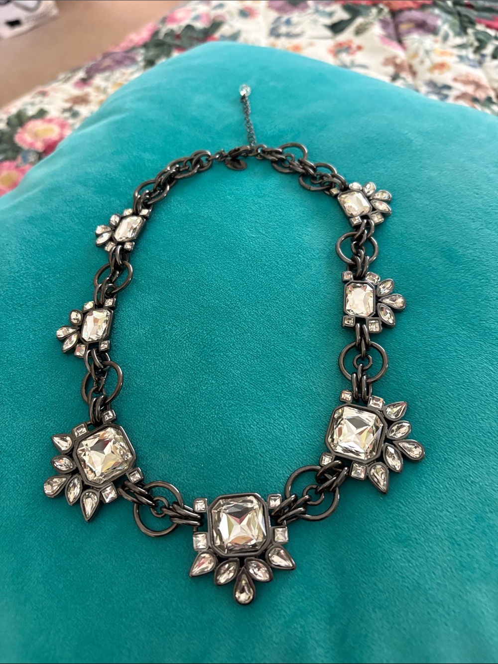 White House Black Market Black Metal Necklace with Clear Crystals